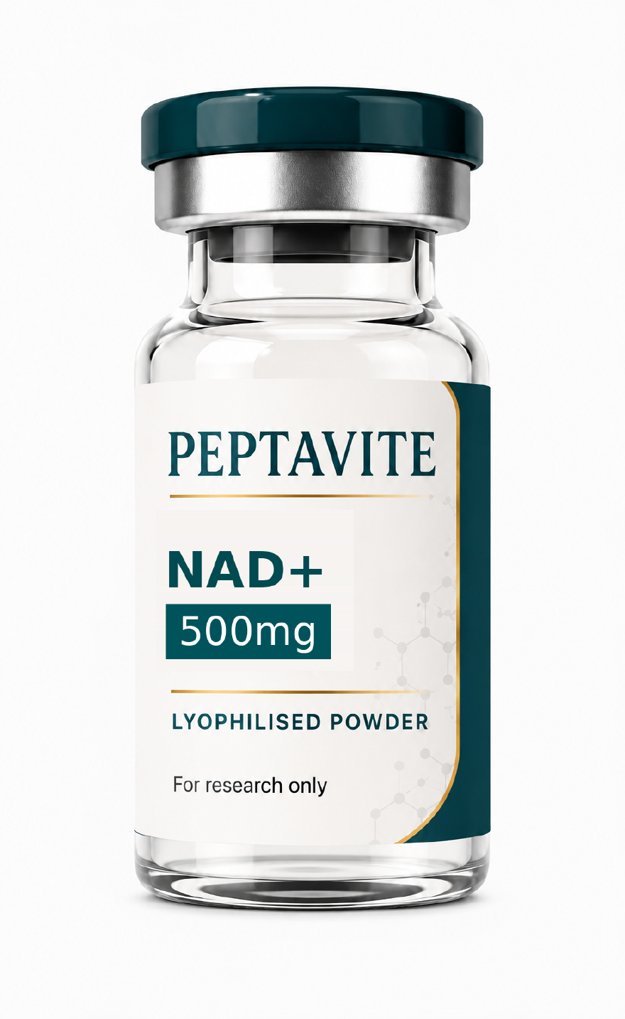 PEPTAVITE NAD+ 500mg vial with deep-teal product name, cream label and gold detail.